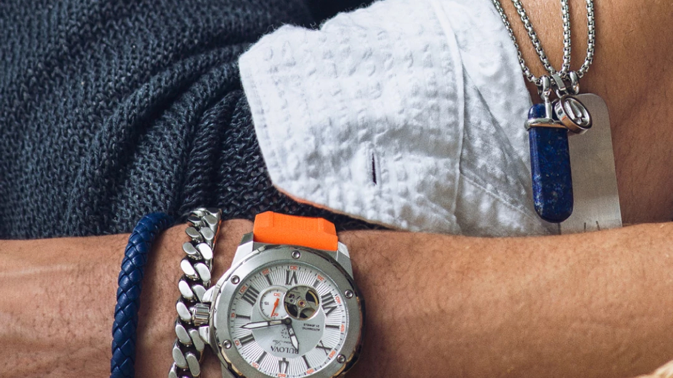 Bulova Marine Star Men s Silver Orange Silicone Strap Watch Bulova